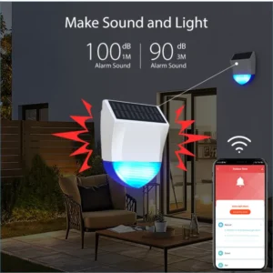 LEROND wireless outdoor alarm siren emitting high-decibel sound for security deterrence.