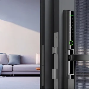 LEROND ultra-slim zinc alloy smart lock for space-critical sliding screen doors.