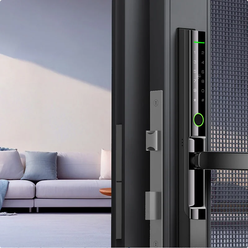 LEROND ultra-slim zinc alloy smart lock for space-critical sliding screen doors.