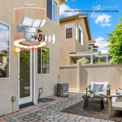 LR-SS-OC01 Courtyard Floodlight Security Camera DC-powered courtyard floodlight security camera with integrated PIR motion sensor, color night vision, two-way audio and app push alerts — ideal for villa entrances and perimeter illumination+surveillance.