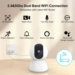 Compact indoor PTZ camera with pan-tilt rotation, two-way audio and motion tracking; designed for living rooms, offices or baby monitoring with cloud and SD card storage.