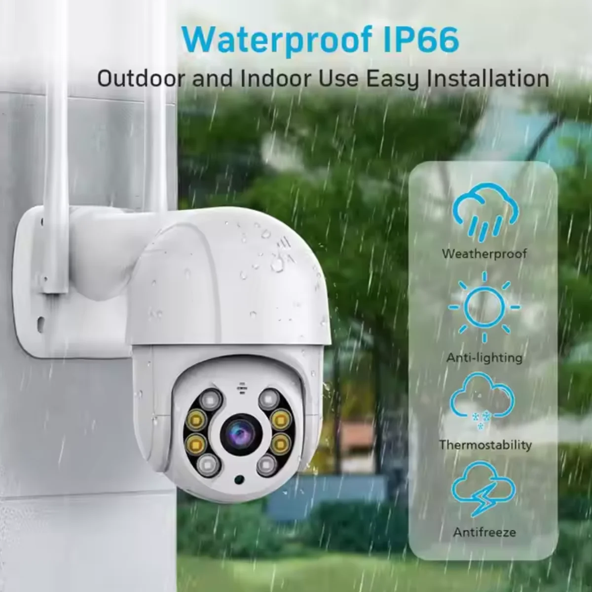 Outdoor waterproof PTZ security camera with motorized pan-tilt control, full-color night vision, motion detection and two-way audio, ideal for villas, fences, and perimeter surveillance.