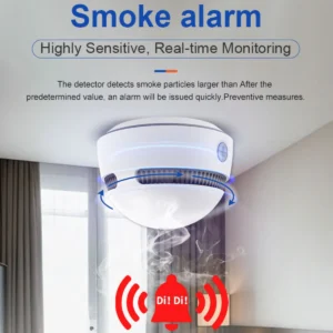 Smart smoke detector sensor for early fire warning; supports Tuya smart home linkage with window openers or alarm systems for automatic ventilation during smoke detection.
