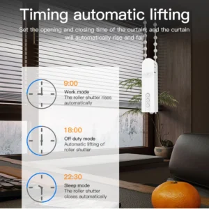 Wireless curtain robot motor with built-in rechargeable battery; easy to install without wiring, supports app and voice control via Tuya smart home system.