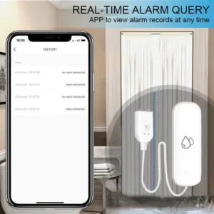 Smart water leak detection sensor with adhesive mount design; provides instant alert on Tuya app when water is detected to prevent flooding or damage.