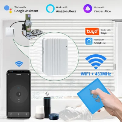 Wireless stick-on remote controller that can copy existing remote signals; features self-adhesive mounting and multi-channel pairing for lighting, curtain or window control.