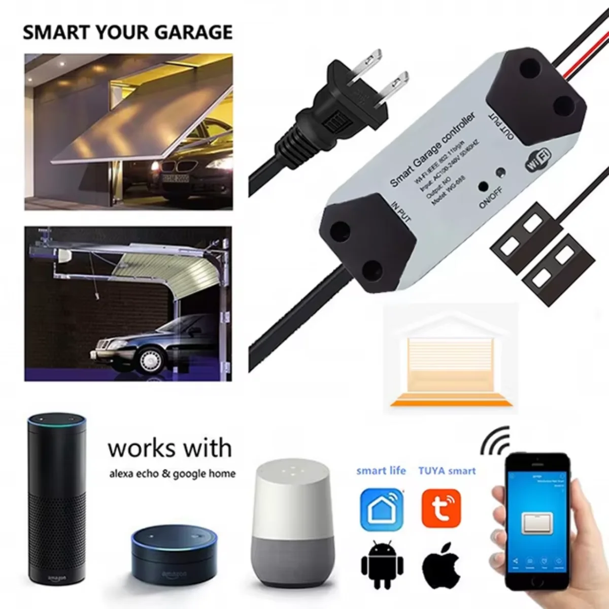 Tuya smart garage door controller supporting wired connection for open, stop, and close control of door motors; works with Alexa, Google Home, and mobile app automation.