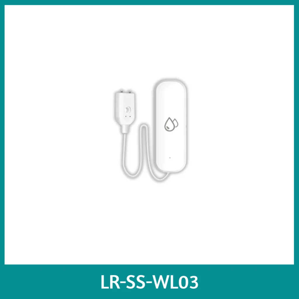 Smart water leak detection sensor with adhesive mount design; provides instant alert on Tuya app when water is detected to prevent flooding or damage.