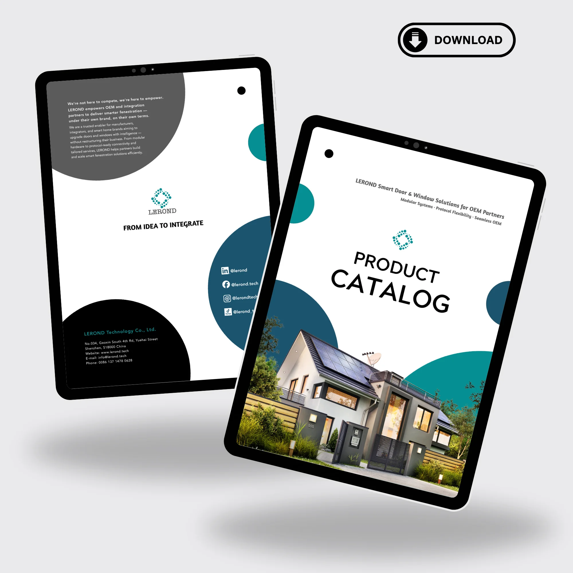 LEROND product catalog download - for more details of smart lock, window opener, gate operator, sensor, camera, etc.