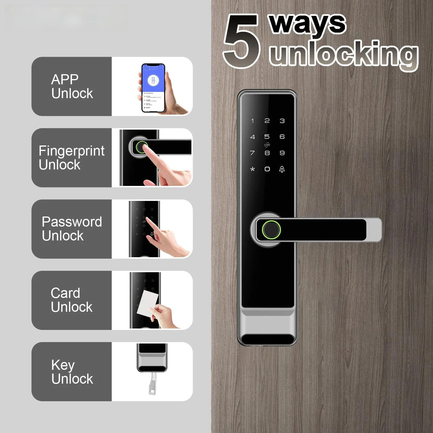Digital Door Lock with Handle with 5 Ways of Unlocking