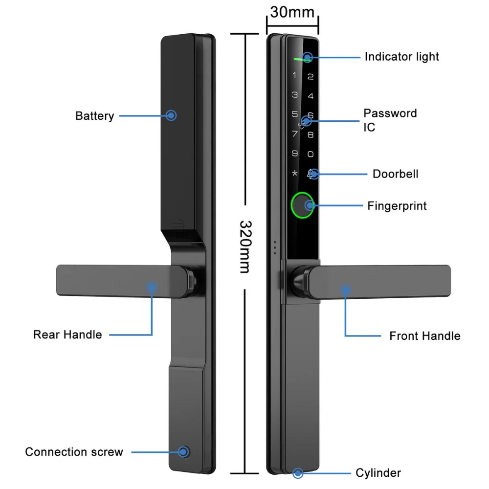 Slim Smart Lock for Aluminum and Narrow Frame Doors Product parameters